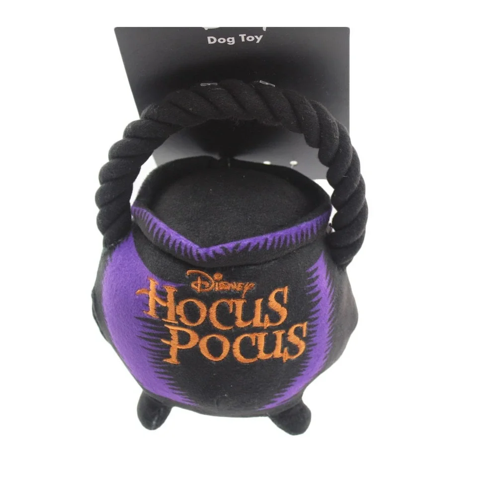 Disney Hocus Pocus Cauldron Dog Toy Plush Squeaker with Rope Handle Black Purple